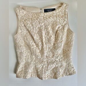 Carmen Marc Valvo Cream Sleeveless Fitted Peplum Blouse